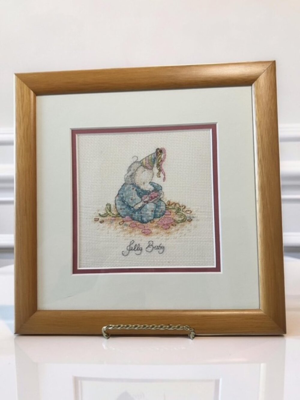 1970's Cross Stitch Grey Elephant w/ Pink Blue Framed 10" x 10" Art Birthday